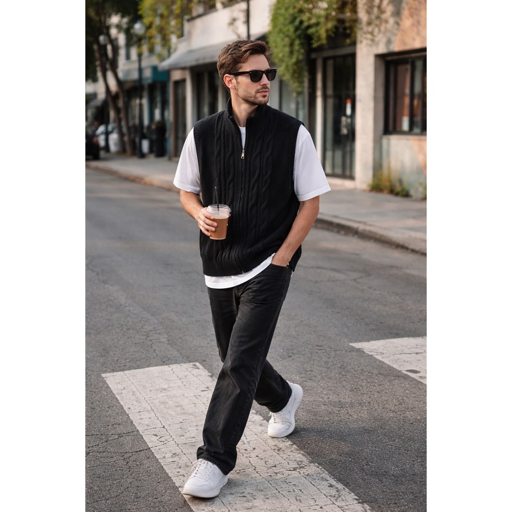 SHUNP‎ Mens Sleeveless Sweater Vest Black Cable Knit Zip Up Mock Neck L